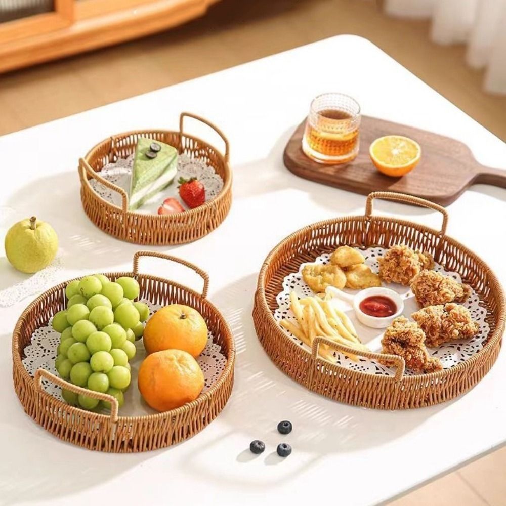 Rattan Tray Handle - ตะกร้าเก็บของขนาดใหญ่เลียนแบบหวาย ตะกร้าพลาสติกตกแต่งลายหวายสานมือ พร้อมหูจับ