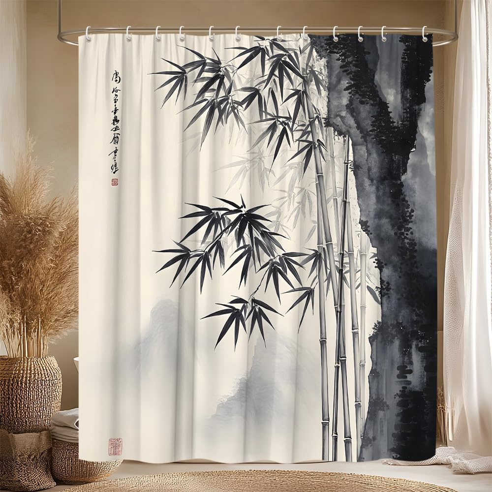 Interior Design Zen - ม่านอาบน้ำลายหมึกจีนแบบเอเชีย พร้อมดีไซน์ศิลปะสีน้ำสไตล์เซน สำหรับตกแต่งภายในบ้านสมัยใหม่