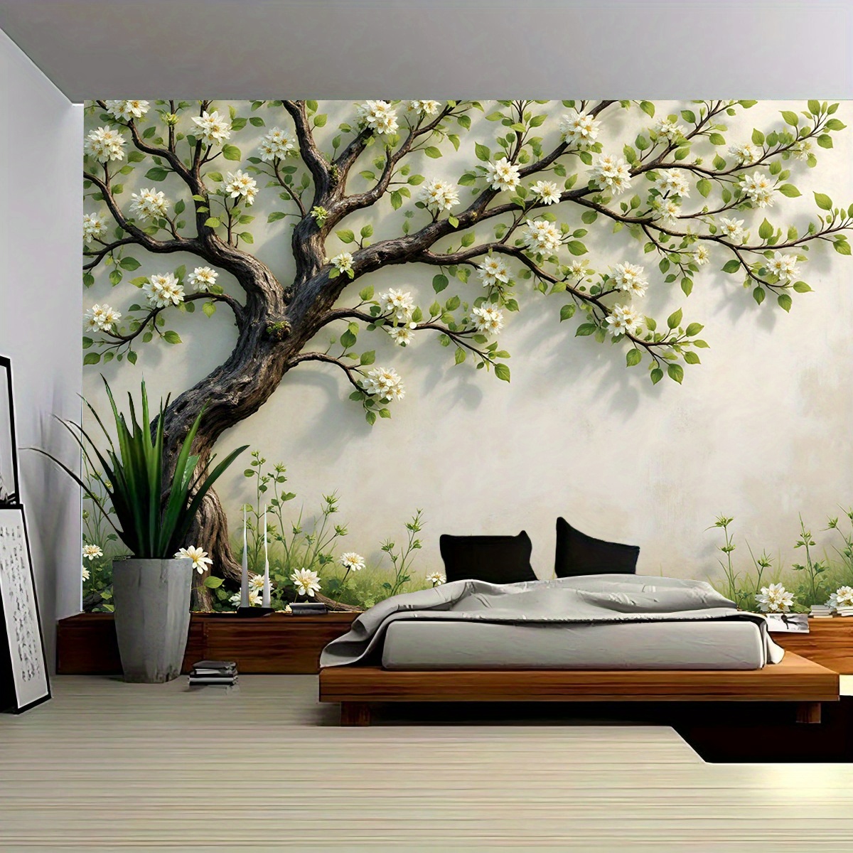 Interior Design Zen - ภาพจิตรกรรมฝาผนังต้นไม้ 3 มิติ สำหรับห้องนอน ห้องนั่งเล่น ศิลปะดอกไม้ที่ได้รับแรงบันดาลใจจากธรรมชาติ