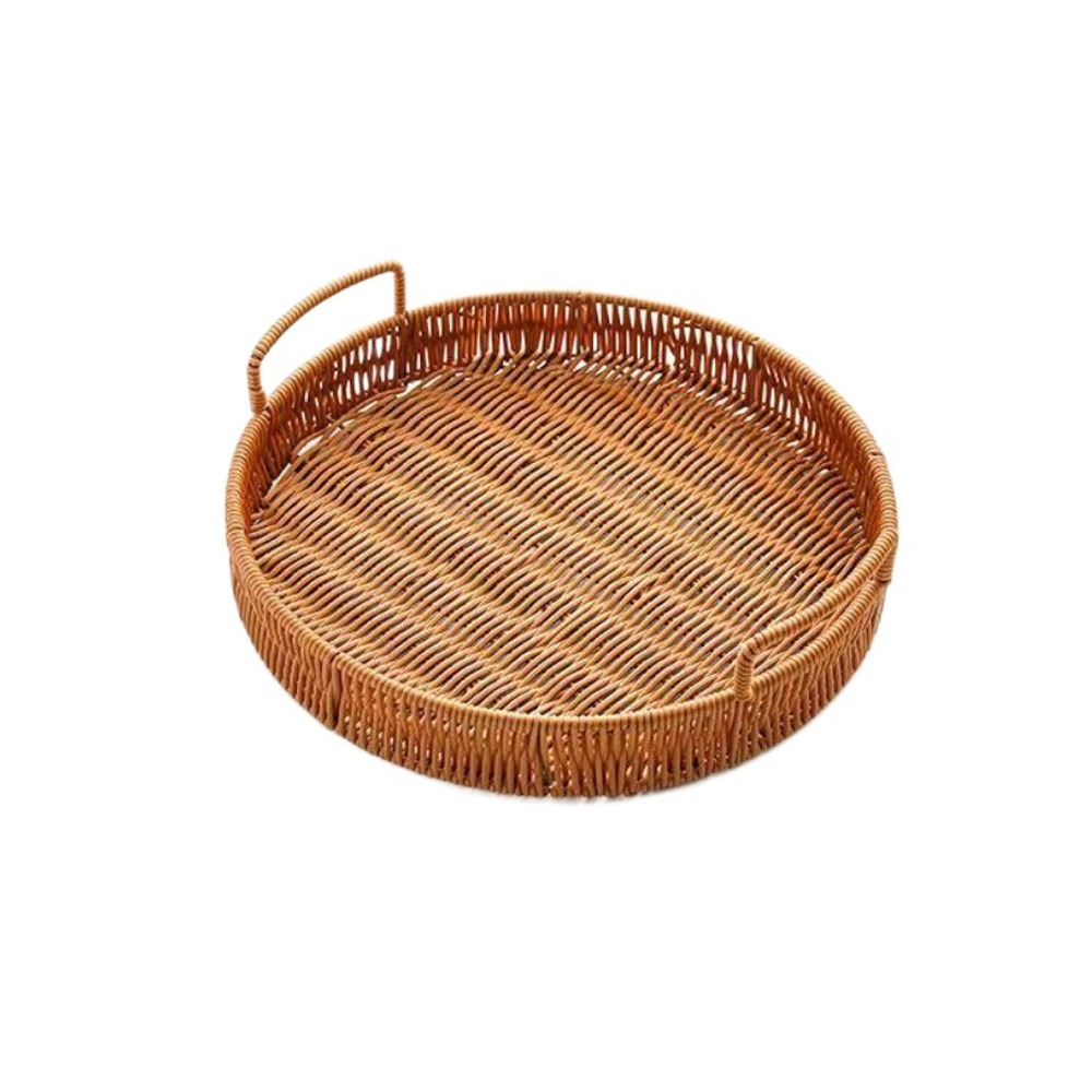 Rattan Tray Handle - ตะกร้าเก็บของหวายเทียมขนาดใหญ่ ถาดเก็บของหวายพลาสติกทำมือ พร้อมหูหิ้ว ตกแต่งสวยงาม