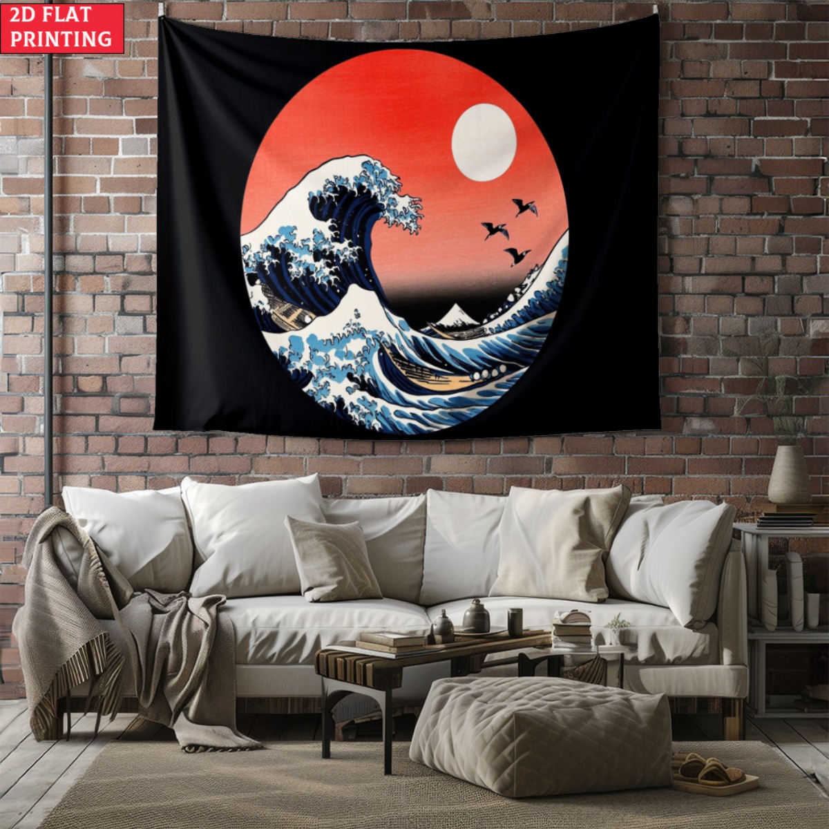 Interior Design Zen - ภาพพิมพ์ลายคลื่นพระอาทิตย์ตกดินแบบญี่ปุ่น ไม่มีกรอบ แรงบันดาลใจจากศิลปะของโฮคุไซ ของตกแต่งผนังสไตล์เซน ดีไซน์ตกแต่งภายในบ้านสไตล์ญี่ปุ่น