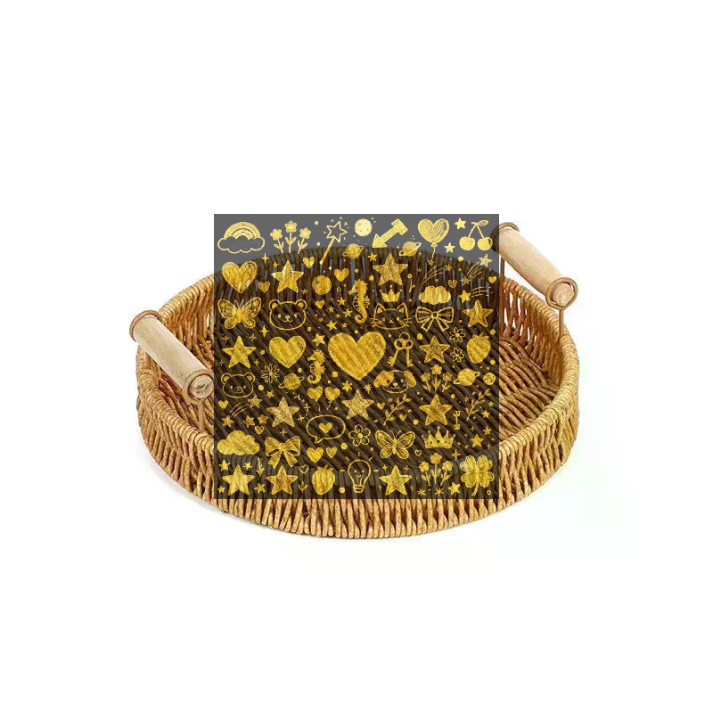 Rattan Tray Handle - ชุดถาดเสิร์ฟทรงกลมหวายสาน 3 ชิ้น พร้อมหูจับไม้ สำหรับใส่ผลไม้ ขนม